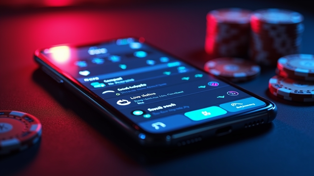 Smartphone showing live betting features and wallet icons in a dark casino lounge