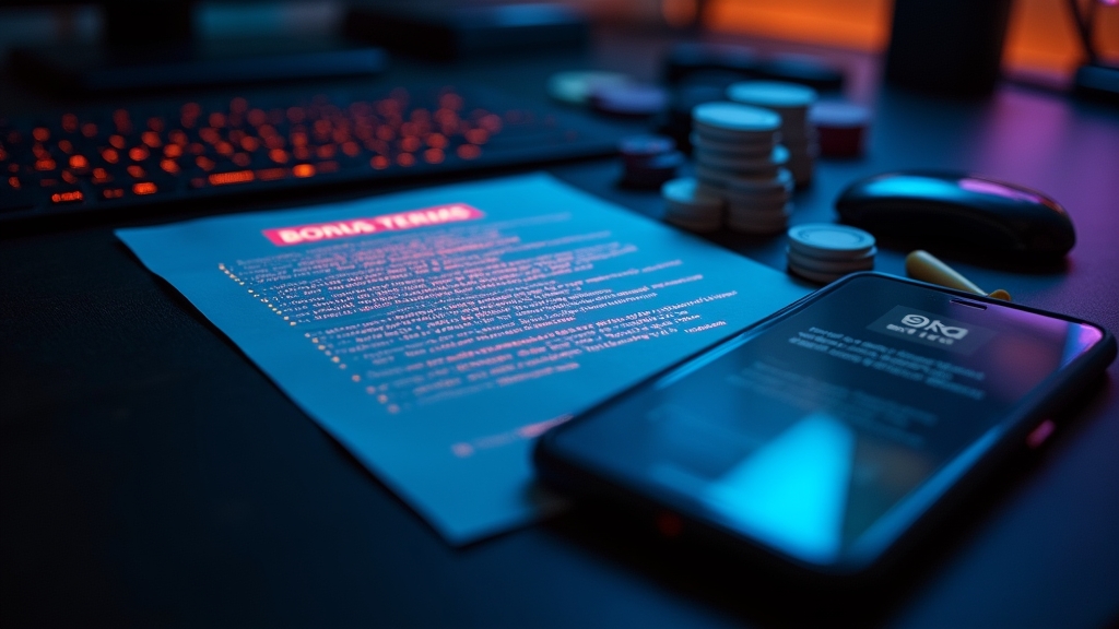 Glowing casino bonus terms on a desk with phone and chips in a dark setting