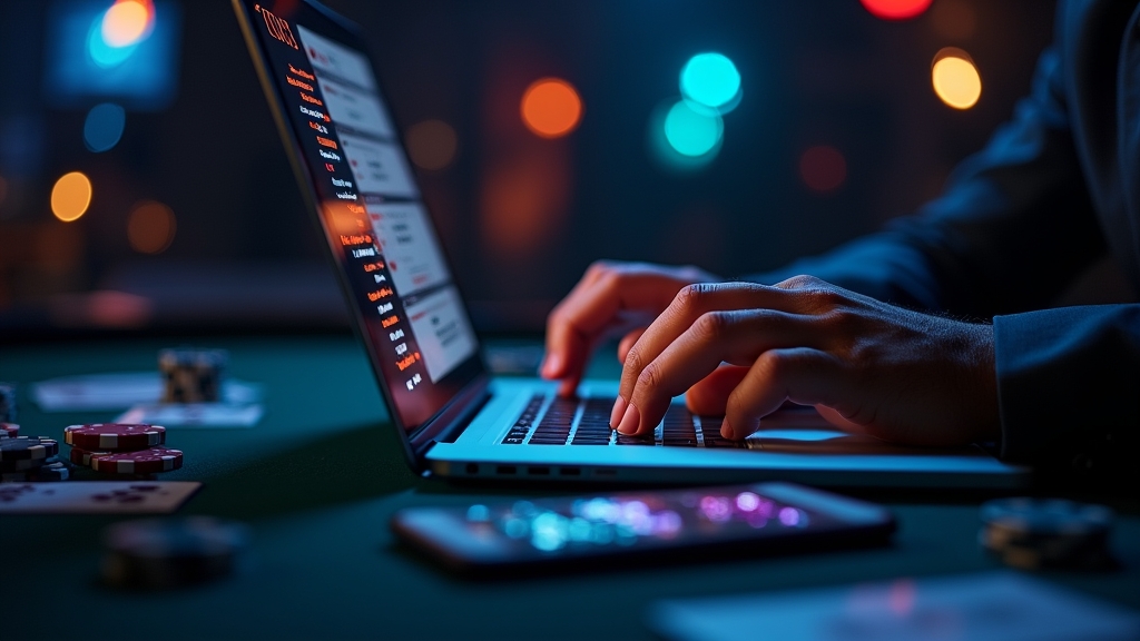 Player entering a bonus code on a laptop in a dark neon casino setting