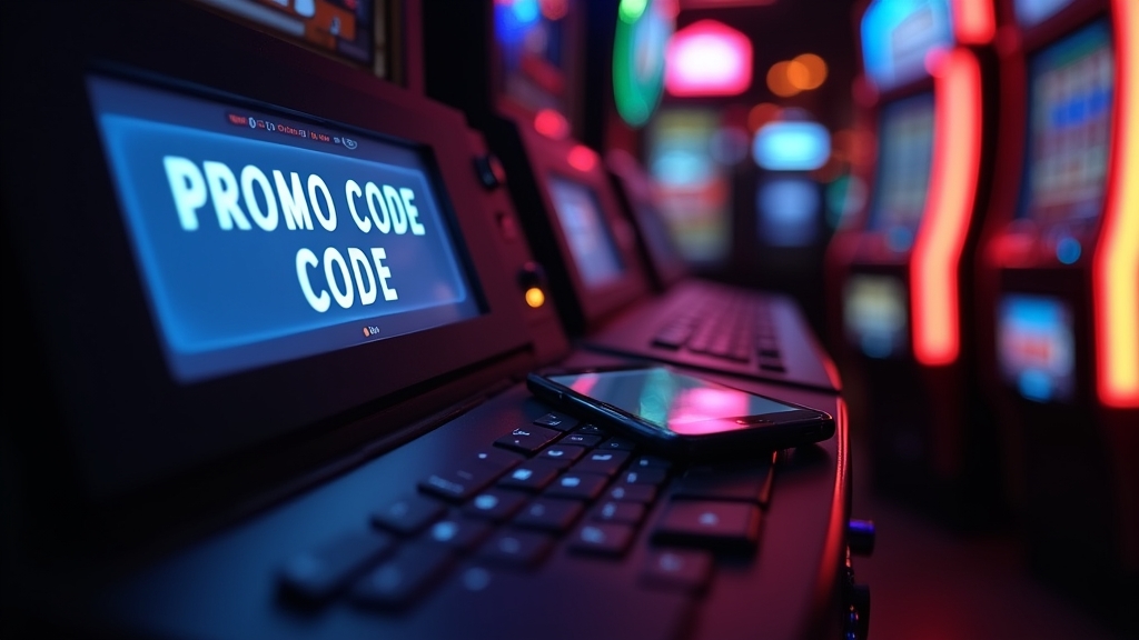 Casino cashier screen showing a promo code field beside a phone in neon light