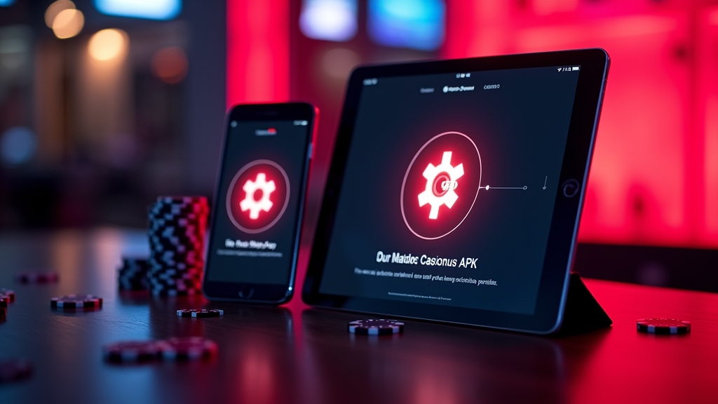 Android tablet and phone showing an APK install screen in a neon casino setting