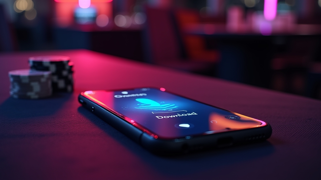Smartphone showing a mobile app download screen beside casino chips in a dark neon lounge