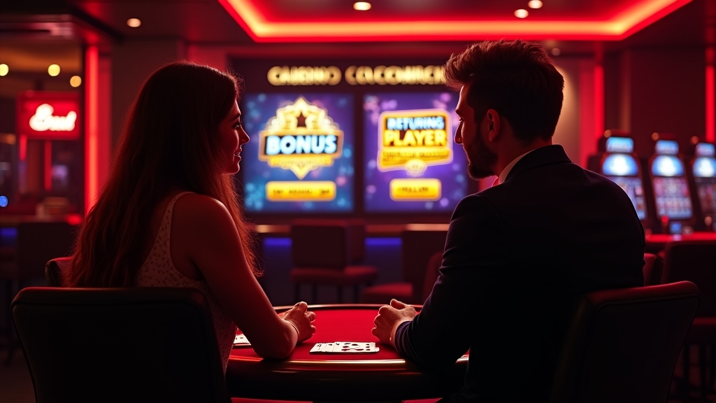 Two casino bonus offers displayed for new and returning players in a dark lounge
