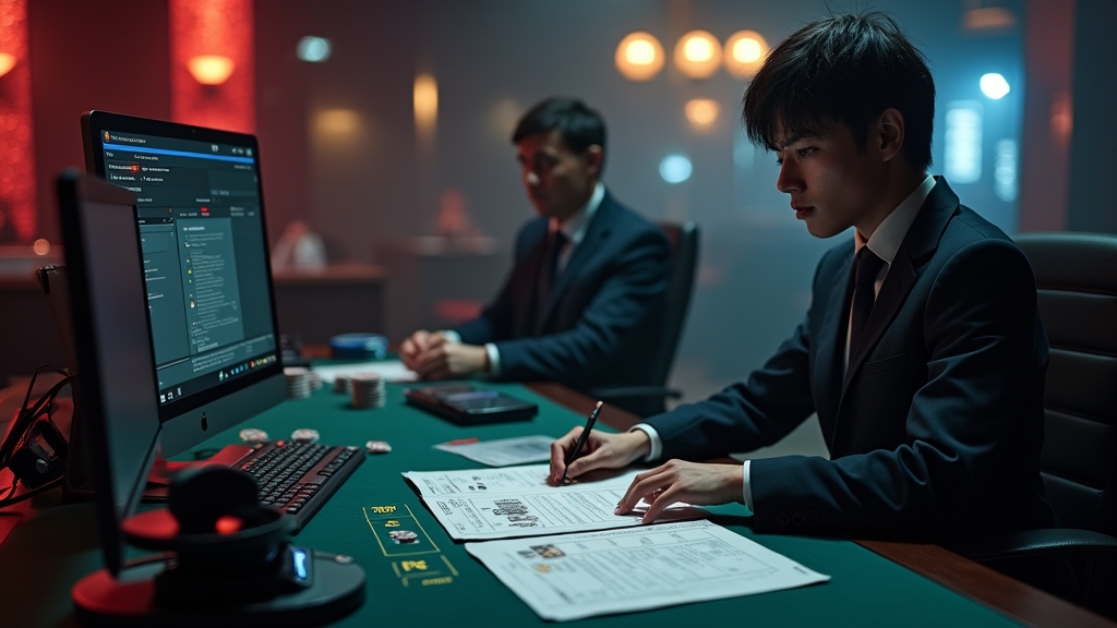 Verification desk with ID documents, support staff, and payment warning icons
